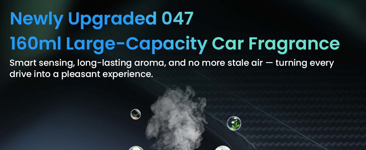 Text reads: 'Newly Upgraded 047 160ml Large-Capacity Car Fragrance', 'Smart sensing, long-lasting aroma, and no more stale air'. Dark car interior with visible mist effect.