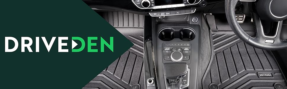 Car interior with DriveDen logo. Features center console, gear shift, and floor mats visible from above.