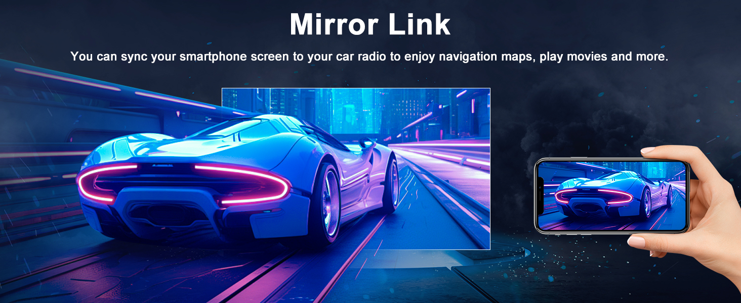 Car infotainment system demonstrating Mirror Link feature. Shows smartphone screen mirrored on dashboard display, with sports car image visible on both screens.