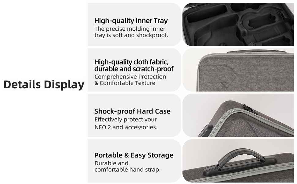 Text reads 'Storage Display' and 'Zipper Mesh Bag'. Product showcase of black protective case with internal compartments and accessories.