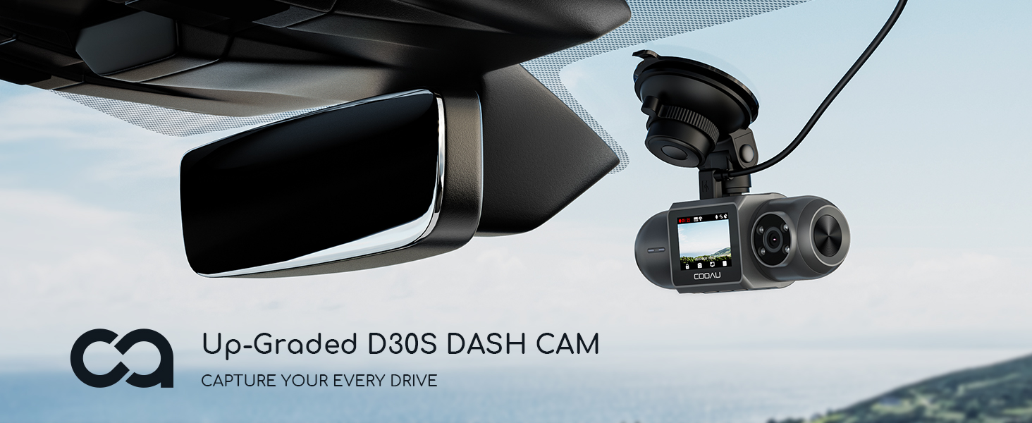 Text reads 'Up-Graded D205 DASH CAM'. Dashboard-mounted camera visible through car windshield.