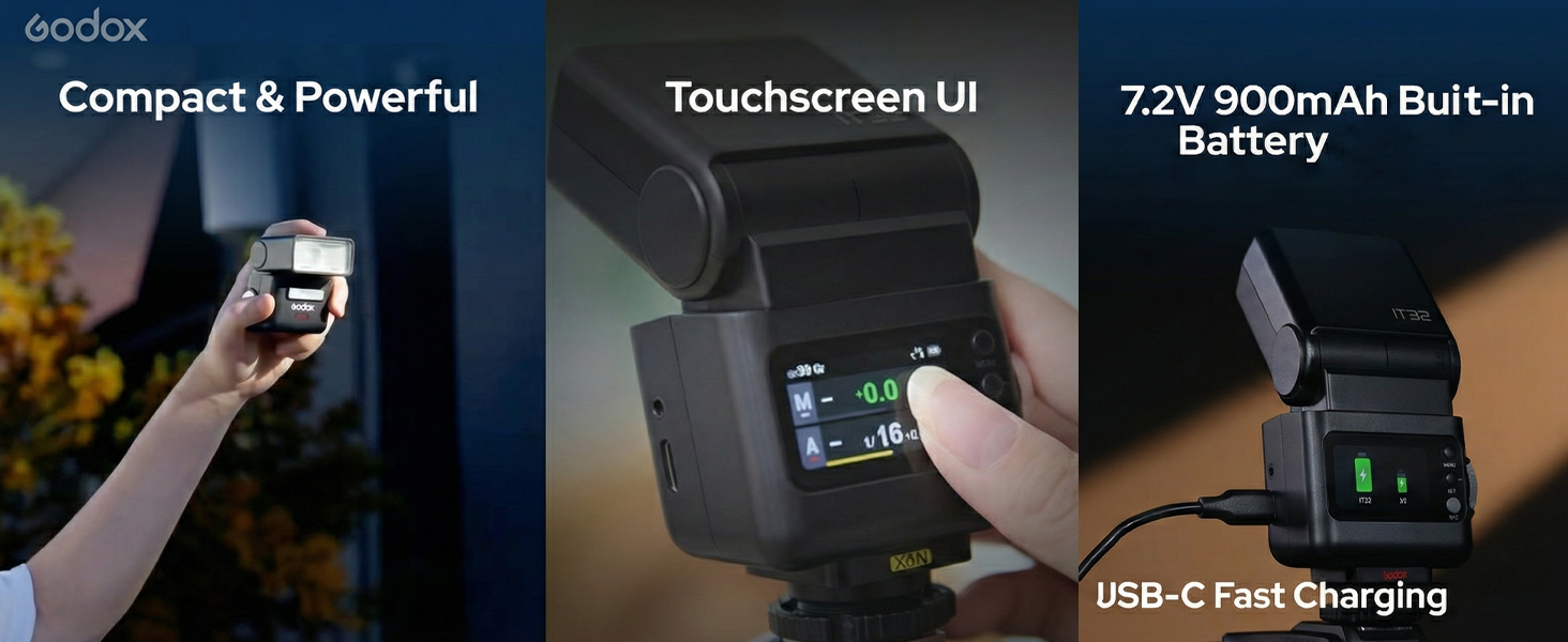 Text reads 'Compact & Powerful', 'TouchscreenUI', '27v 4000mAh Built-in'. Product interface displays showing digital controls and specifications.
