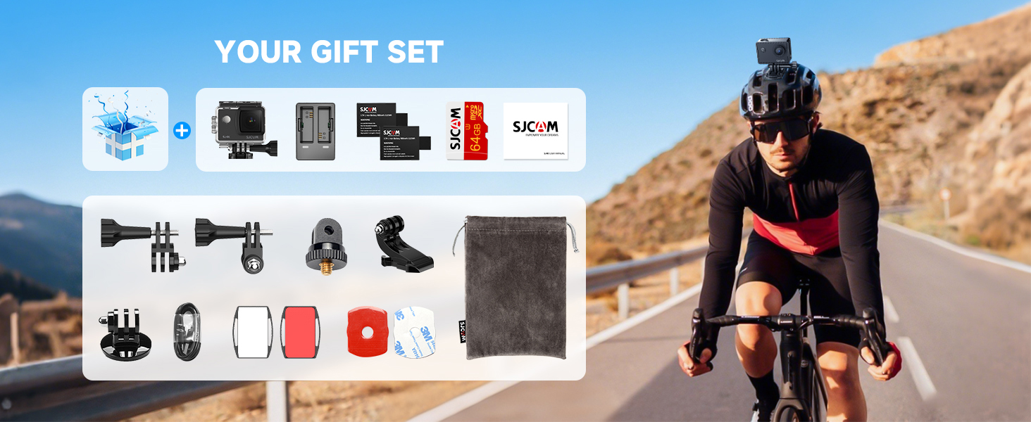 Text reads 'YOUR GIFT SET'. Action camera accessories kit displayed with icons and outdoor action photography scenes.