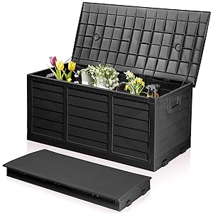 Series of images showing a gray plastic planter box system with grid-style cover and built-in drainage. Multiple views demonstrate assembly and planting capability with small plants or seedlings.