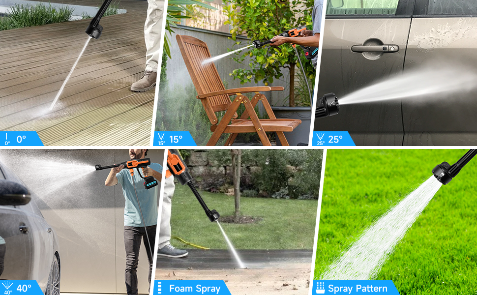 6-in-1 rotating nozzle attachment for water hose. Features 360° rotation with 0°, 15°, 25°, 40° spray angles, plus foam and spray modes. Demonstrated in use on grass.