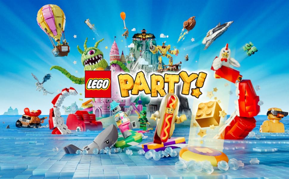 Text reads 'LEGO PARTY!' Vibrant promotional banner showing colorful LEGO characters and elements exploding or flying through bright blue sky background.