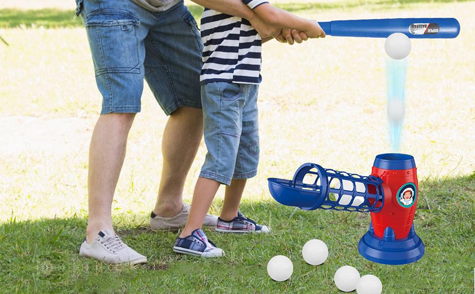 Product photo of children's baseball practice machine in red and blue colors on grass field, demonstrating ball pitching function