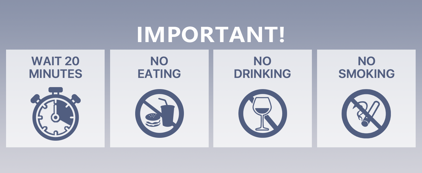 Text reads 'IMPORTANT!' Warning sign panel with four prohibition icons: 'WAIT 20 MINUTES', 'NO EATING', 'NO DRINKING', 'NO SMOKING' with corresponding symbols.