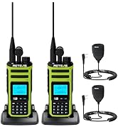 Text reads: 'Full-Band Reception'. Black and neon green two-way radio with LCD display shown against background with AM/FM/CW/SSB wave indicators.
