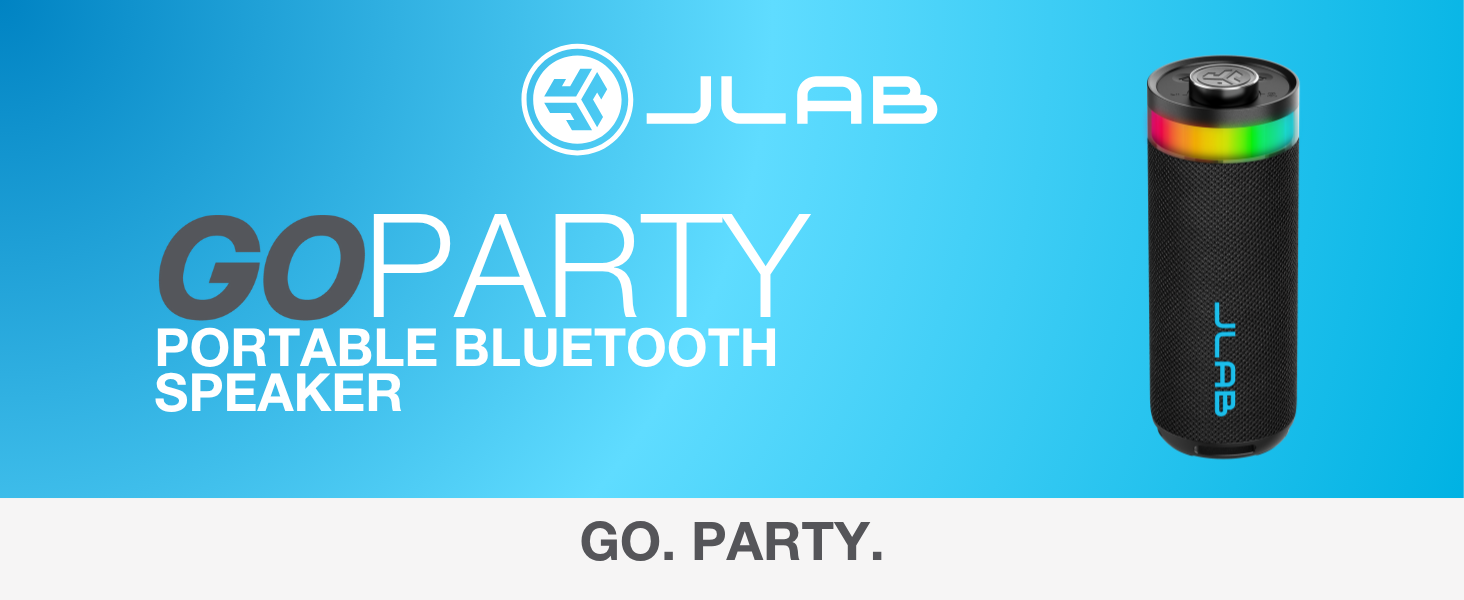 Black cylindrical speaker product shot against blue background with marketing text and branding elements.