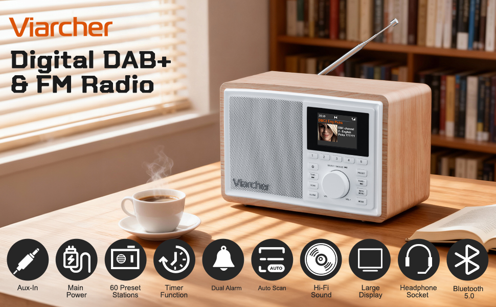 Text reads 'VieaTech Digital DAB+'. Radio device display with multiple interface icons showing various functions and connectivity options.