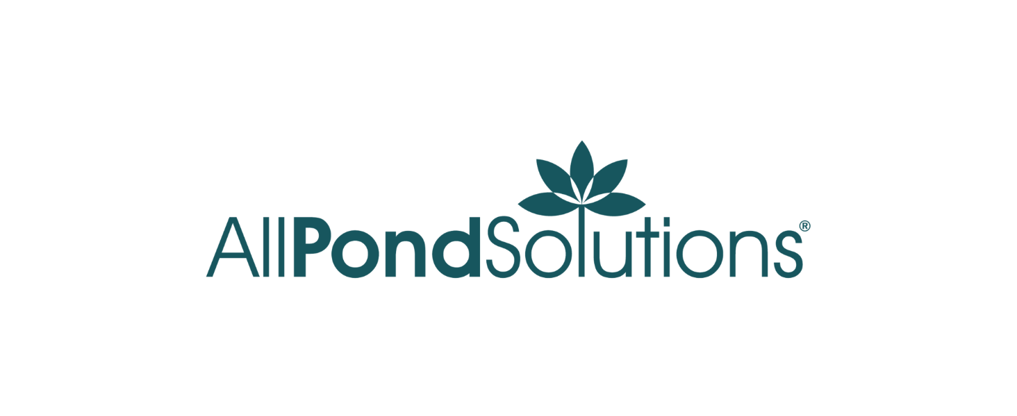 Logo for All Pond Solutions, featuring a stylized green leaf above the company name in teal and gray text.