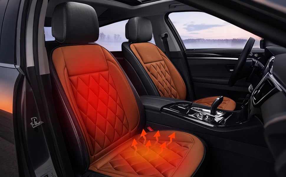 Multiple views of car interior seats with red heating visualization overlay, showing diamond-pattern heating zones across the seat backs and cushions.