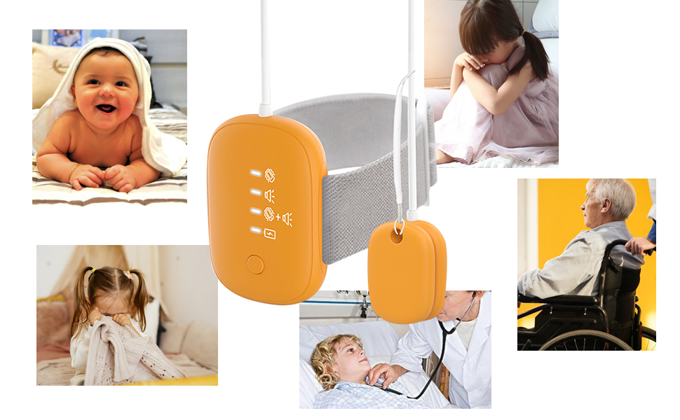 Three orange, oval-shaped devices with 'Strong Magnetic Suction Sensor' text. Dimensions shown: 1.1