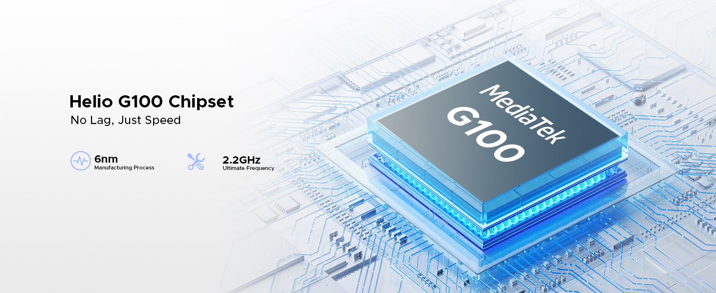 Text reads 'Hello G100 Chipset'. Marketing image showing blue computer processor chip layers floating above circuit board background.