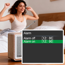 Text shows 'Preset: Recall' with numbered frequency settings on a digital display interface showing MHz values. Dark screen with green highlight bar.