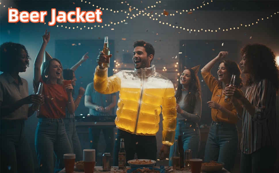 Text reads 'BeerJacket'. Series of promotional shots showing a glowing yellow safety jacket in dark nighttime settings with crowds visible in background.