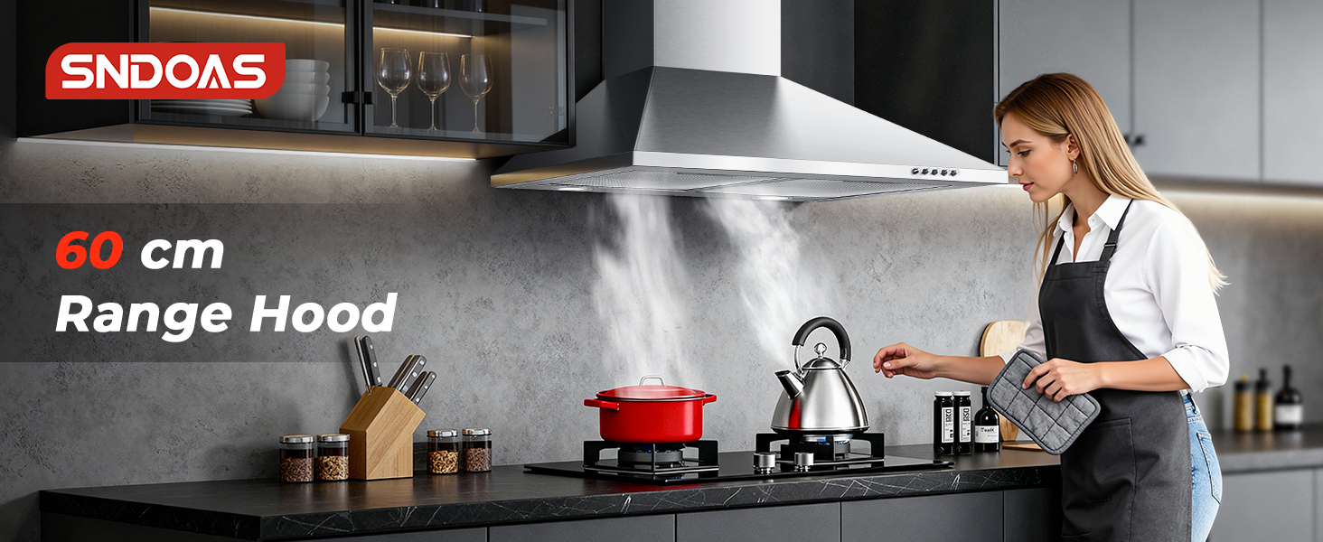 Text reads 'Range Hood'. Kitchen appliance installation sequence showing stainless steel range hood being mounted above stovetop.