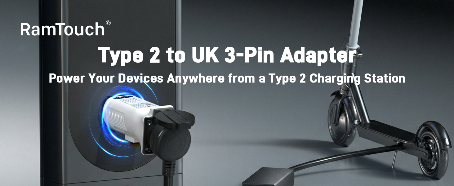 Text reads 'RamTouch' and 'Type 2 to UK 3-Pin Adapter'. Product shows a black power adapter with glowing blue accent light against dark background.