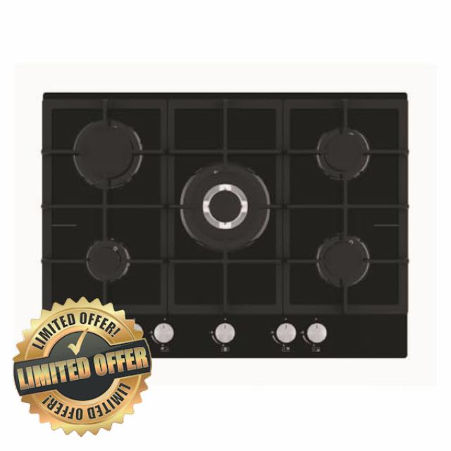 Cookology Essentials AEGOG70BK Gas Hob 70cm - Gas on Glass Kitchen Hob - 5 Burner with 3.5kW Wok Burner - Cast Iron Stands - Auto Ignition - Flame Safety - LPG Kit - Black