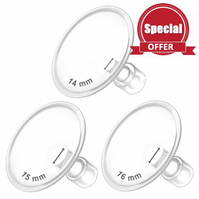 Maymom MyFit Flanges Crater Goldie Pack 14 15 16 mm Compatible with Medela Breast Pumps and Wide Base and Narrow Base Connectors