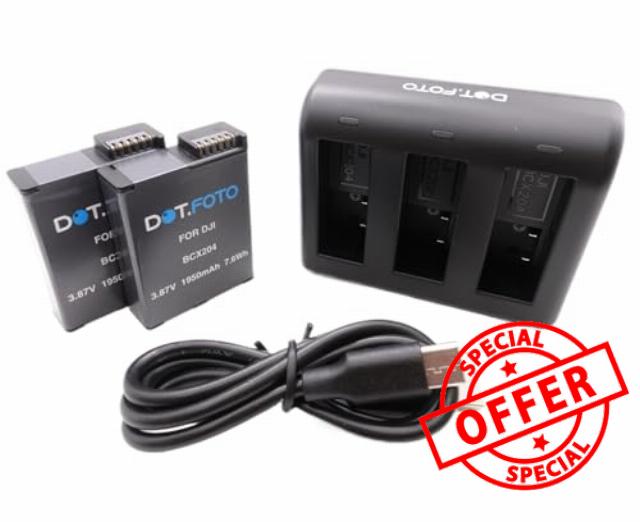 Dot.Foto BCX204 Premium 3.87v / 2100mAh Battery (2-Pack) and Triple USB Charger for DJI Osmo Action 3