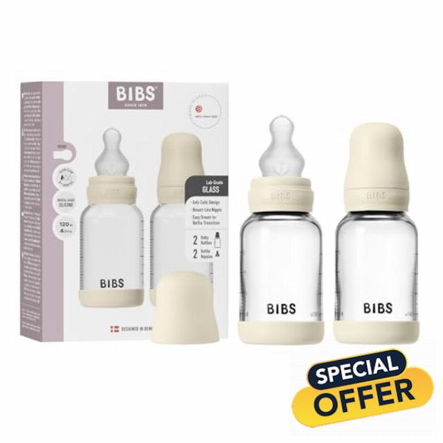 BIBS Baby Glass Bottle 2-Pack 120ml. Anti-Colic. Vented Round Silicone Nipple. Supports Natural Breastfeeding
