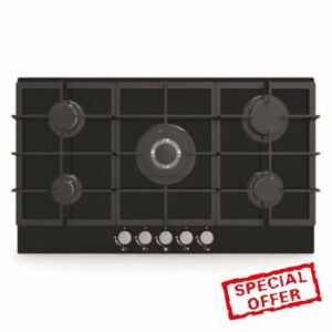 Cookology Essentials AEGOG90BK Gas Hob 90cm - Gas on Glass Kitchen Hob - 5 Burner with 3.5kW Wok Burner - Cast Iron Stands - Auto Ignition - Flame Safety - LPG Kit - Black