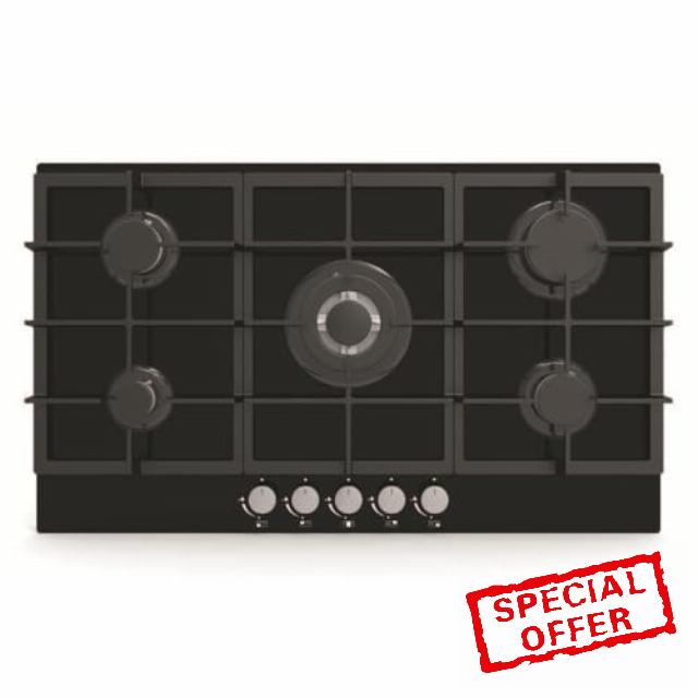 Cookology Essentials AEGOG90BK Gas Hob 90cm - Gas on Glass Kitchen Hob - 5 Burner with 3.5kW Wok Burner - Cast Iron Stands - Auto Ignition - Flame Safety - LPG Kit - Black