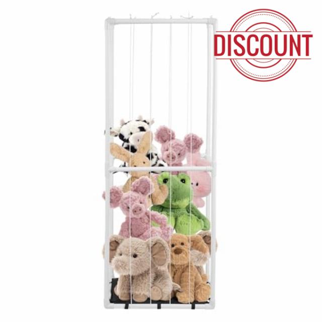 Plush Toy Organizer Large Capacity PVC Plush Rack with Detachable Dustproof Isolation Cloth & Elastic Stretch Ropes Space-Saving Vertical Holder Storage Holder for Kids Room Stuffed Animals (White)