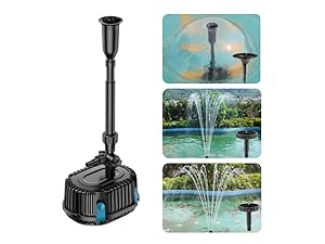 Collection of fountain pump images showing the product and resulting water displays in garden ponds, featuring different spray patterns and heights.