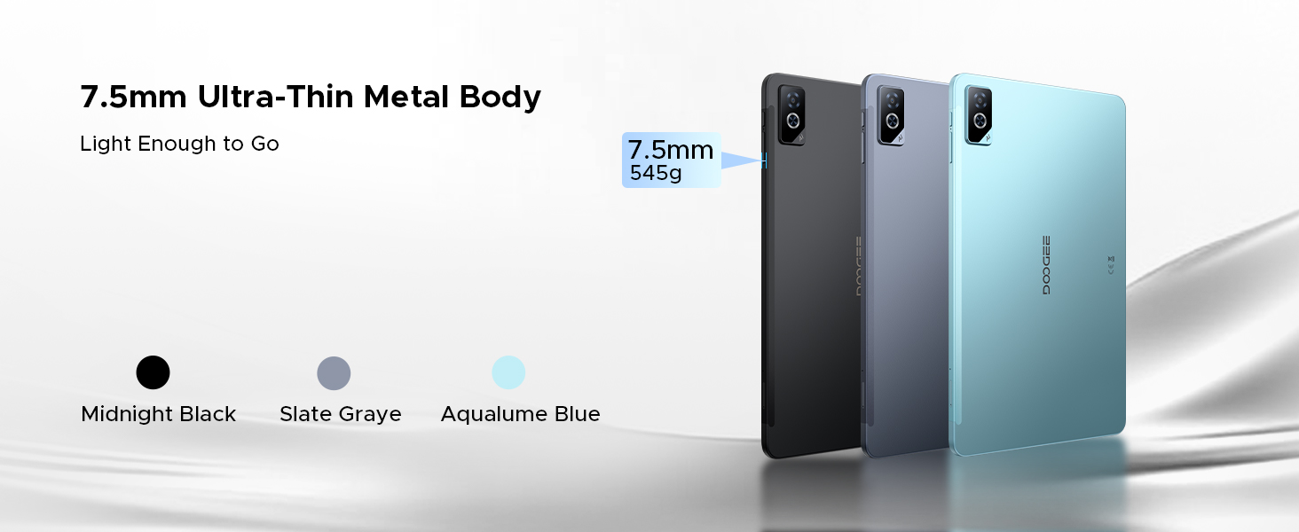 Text reads '7.5mm Ultra-Thin Metal Body', 'Light Enough to Go', 'Midnight Black', 'Icy Gray', 'Aquamarine Blue'. Shows slim devices in different colors.