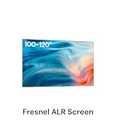 Text reads: '100-220°', 'Fixed Frame Projector Screen'. Projection screen displaying abstract fluid art pattern with swirling orange, blue and white colors.