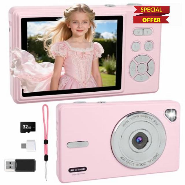 Digital Camera 4K - Autofocus Compact Cameras with 32GB SD Card 44MP Portable Mini Small Photo Camera with 2.8" LCD Screen 18X Digital Zoom Vlogging Camera for Students