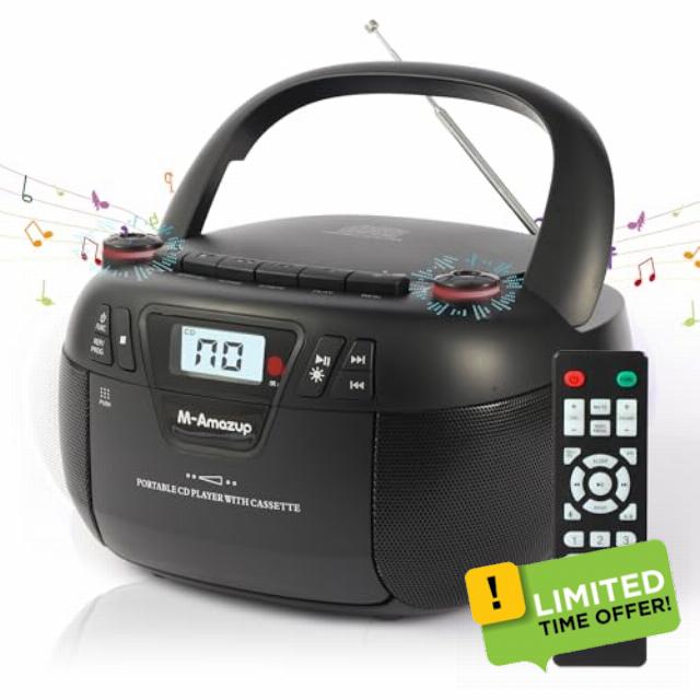 Boombox CD Player Portable Cassette Player with CD MP3 Bluetooth AUX TF/USB AM/FM Radio AC/DC Powered with Remote Control