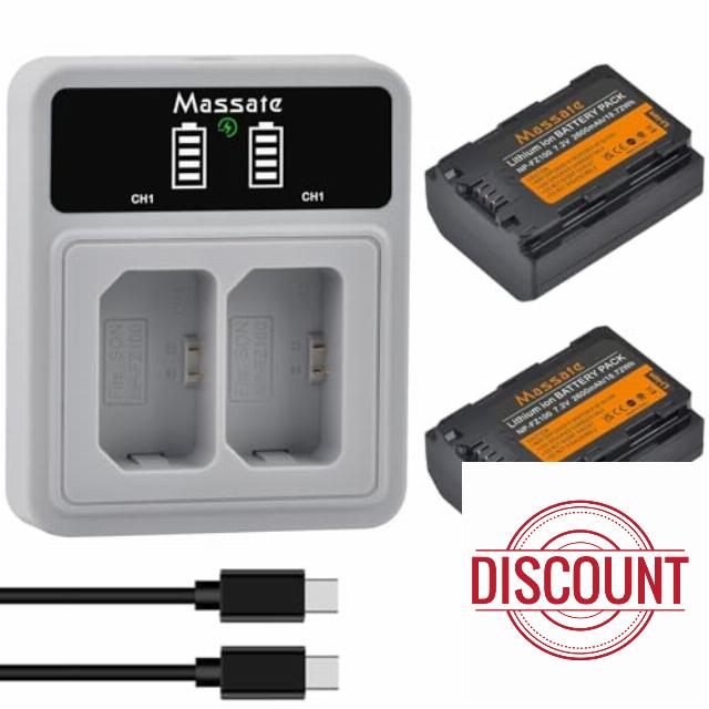 Massate 2 Pack 2600mAh NP-FZ100 Battery + LED PD20W Fast Charger—Full Power 2.5Hrs