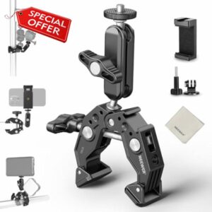 NEEWER Super Clamp Magic Arm Camera Mount with Phone Holder Action Cam Adapter Ball Heads 1/4" Threads Cold Shoe Cleaning Cloth Compatible with SmallRig GoPro for Desk Tripod Crossbar Gimbal Rod