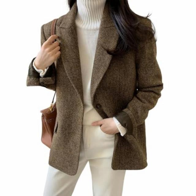 Women's Autumn Winter Pure Color Wool Blended Blazer Coa