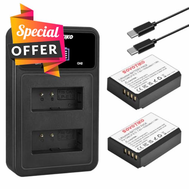LP-E10 Battery 2-Pack and Dual Port PD Fast Charger for Canon EOS Rebel T3 T5 T6 T7
