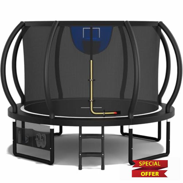 Outdoor Trampoline with Basketball Hoop 7.5/10/12/14ft Garden Trampoline with Safety Net and Storage Bag Non-Slip Ladder & Shoe Organizer Suitable for Toddlers and Adults