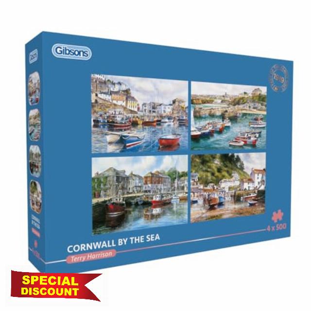Gibsons Cornwall by the Sea 4 x 500 Piece Jigsaw Puzzle Set for Adults – Four Charming Coastal & Boat Scenes by Terry Harrison – Seaside Retreat Theme – Premium Multi‑Box Puzzle Collectio