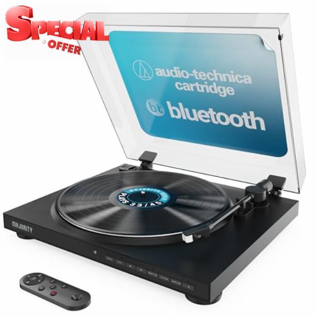Majority Auto Fully Automatic Record Player with Bluetooth Output 5.3 | USB Recording to USB Stick | Built-in Pre-Amplifier | Aluminium Platter | RCA Output | Slip mat & Remote Control