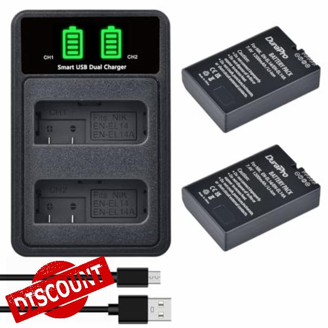 DuraPro 2Pcs EN-EL14 EN-EL14A Battery + LCD Dual USB Charger for Nikon Coolpix P7000