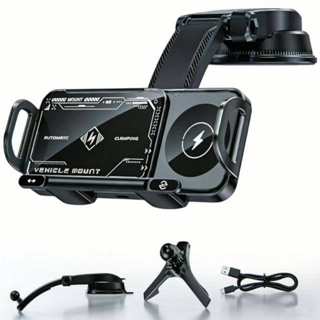 Car Phone Holder Wireless Charger - 15W Fast Magnetic Foldable Screen Mount