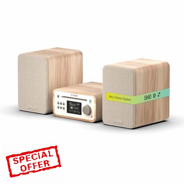 Pure Classic Stereo Mini micro hi fi system mini hifi system with CD player DAB+ & FM radio Bluetooth 5.3 USB AUX headphone jack 40W true stereo 2×20W woofers remote control – Cotton White Oak