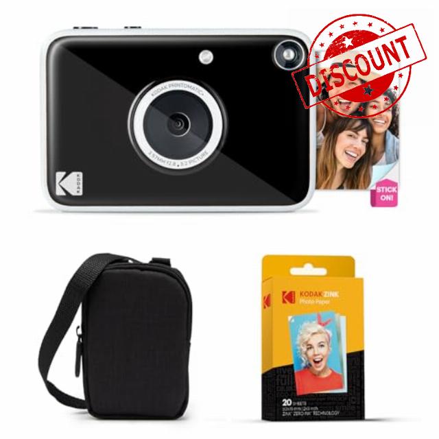 KODAK Printomatic+ Instant Print Digital Camera Starter Bundle + Carrying Case + Zink 20pk Sticky-Back Photo Paper - 10MP