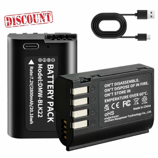 2 Pack 2800mAh USB-C DMW-BLK22 Battery for Panasonic Lumix DC-S5