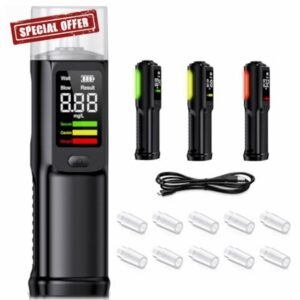 Breathalysers Alcohol Breath Tester Kits :Professional Dual Sensor Digital Breathalyzers with LCD Display ASIC Smart Chip - Accurate Portable Alcohol Breathalyzer Rechargeable x10 Mouthpieces Black