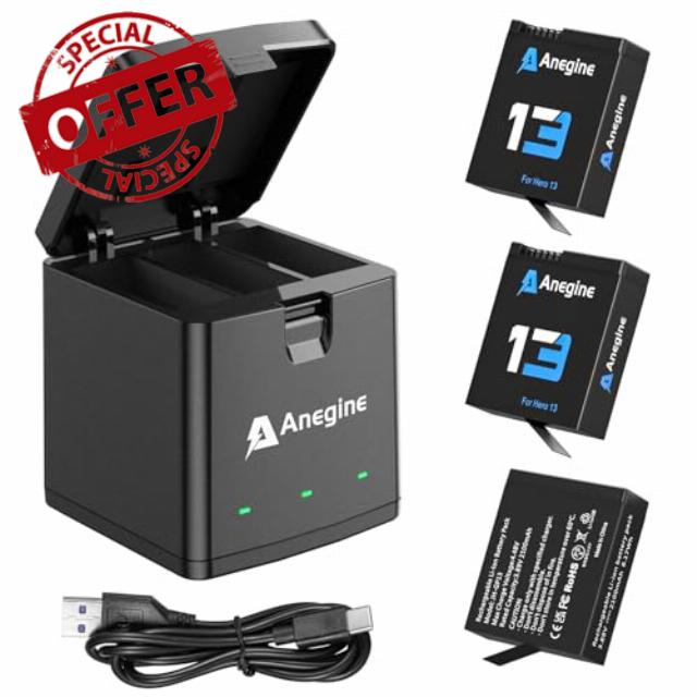 Hero 13 Battery 2100mAh and LED 3-Slot Storage Charger for Hero 13 Black Enduro Rechargeable Battery with Type-C PD3.0 PD2.0 (3-Pack)
