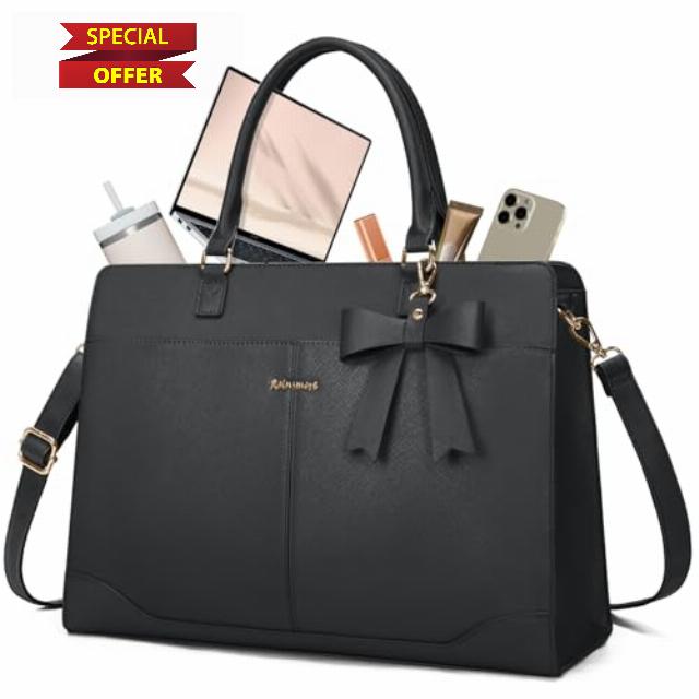 RAINSMORE Laptop Bags for Women 15.6 Inch Work Bags PU Leather Ladies Laptop Handbag Waterproof Laptop Tote Bag for Office Business College Black